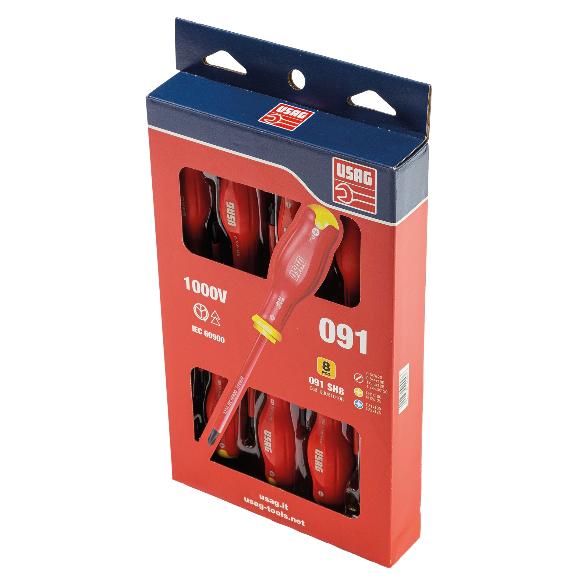 091 SH8 - Set of 8 screwdrivers for slotted screws, for Phillips® cross-head screws and for Pozidriv® cross-head screws - supadriv® 1000 v - Usag - U00910106 091 SH8 - Set of 8 screwdrivers for slotted screws, for Phillips® cross-head screws and for Pozidriv® cross-head screws - supadriv® 1000 v - Usag - U00910106